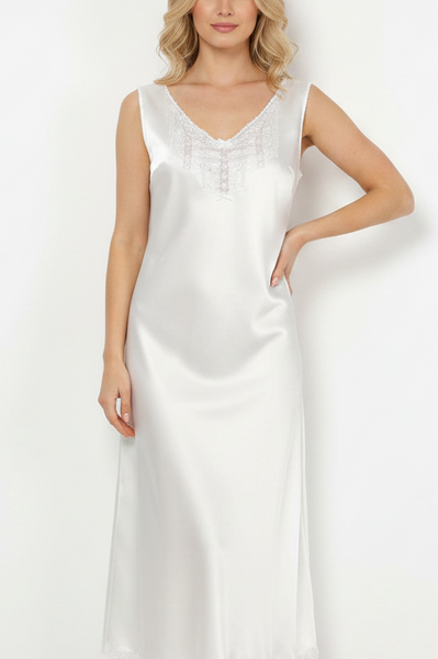 Satin Hand Embroidered Fleur Nightdress - Winter White