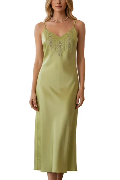 Satin Candy Nightdress Hand Embroidered - Green