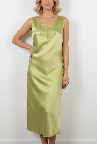 Satin Hand Embroidered Fleur Nightdress - Green