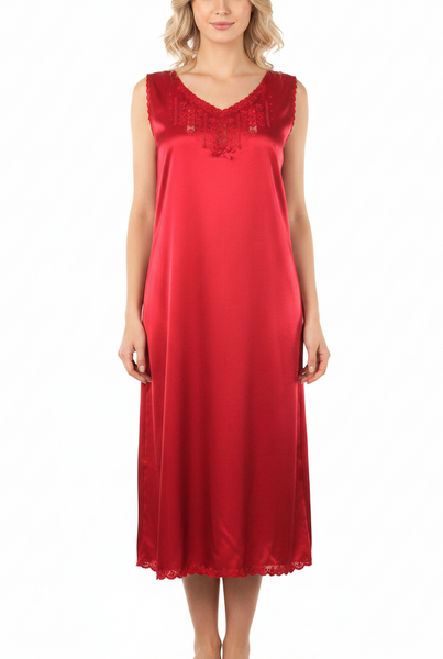 Satin Hand Embroidered Fleur Nightdress - Red