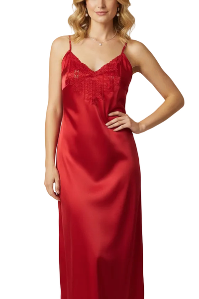 Satin Candy Hand Embroidered Nightdress - Red