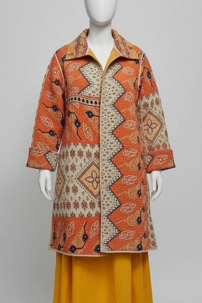 Unique Reversible Coat made from Vintage Cotton – Orange/Yellow - A
