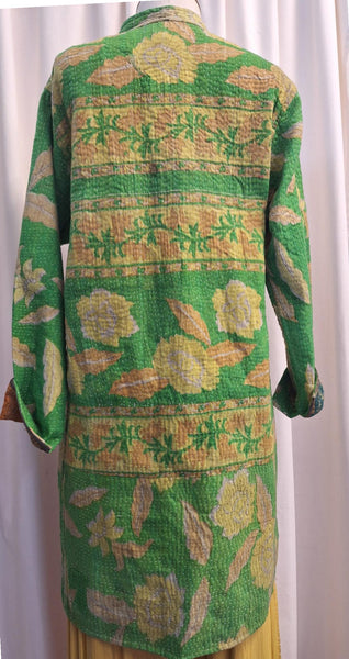 Reversible Vintage Cotton Kantha Stitched Coat Green - D