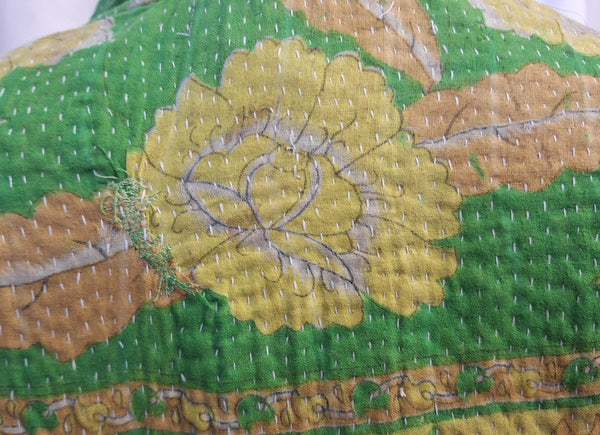Reversible Vintage Cotton Kantha Stitched Coat Green - D