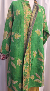 Reversible Vintage Cotton Kantha Stitched Coat Green - D