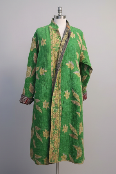 Reversible Vintage Cotton Kantha Stitched Coat Green - D