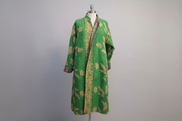 Reversible Vintage Cotton Kantha Stitched Coat Green - D