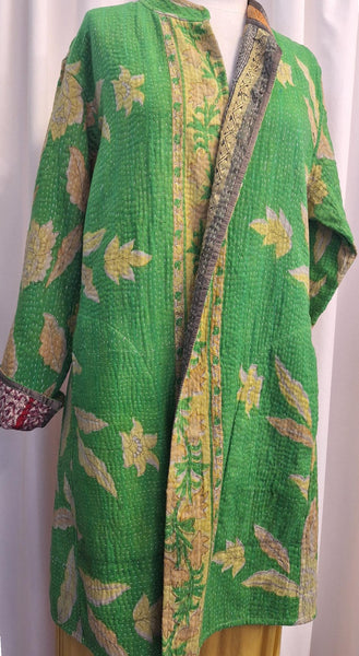 Reversible Vintage Cotton Kantha Stitched Coat Green - D