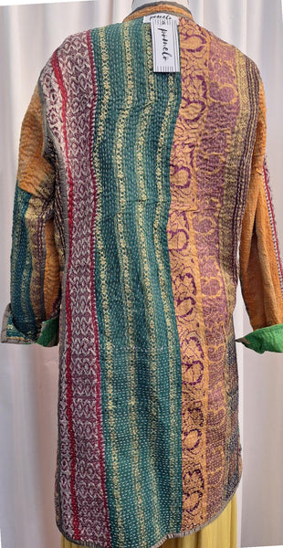 Reversible Vintage Cotton Kantha Stitched Coat Green - D