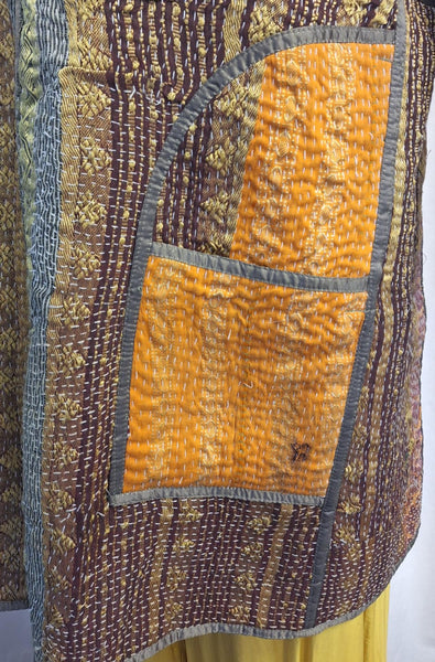 Reversible Vintage Cotton Kantha Stitched Coat Green - D