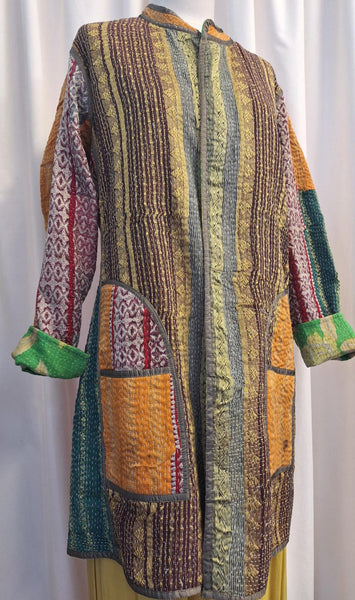 Reversible Vintage Cotton Kantha Stitched Coat Green - D