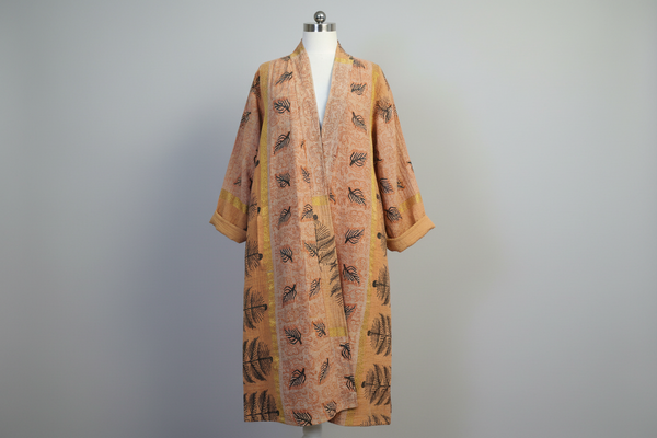 Reversible Vintage Cotton Kantha Coat, Orange and Gold – E