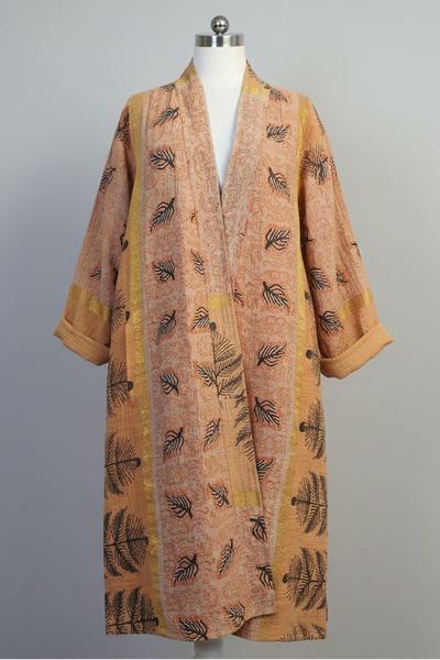 Reversible Vintage Cotton Kantha Coat, Orange and Gold – E
