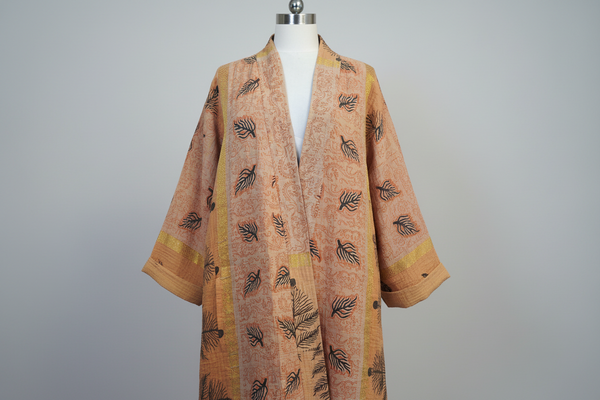 Reversible Vintage Cotton Kantha Coat, Orange and Gold – E