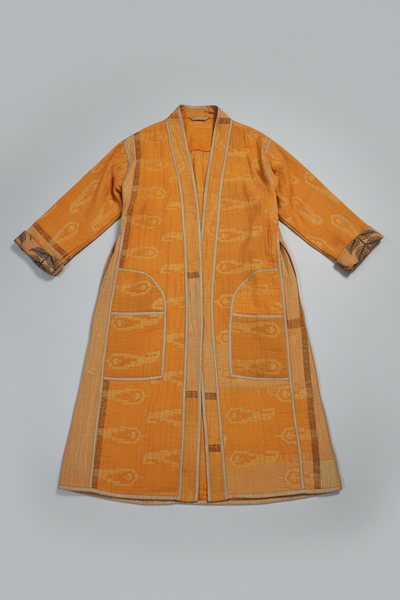 Reversible Vintage Cotton Kantha Coat, Orange and Gold – E