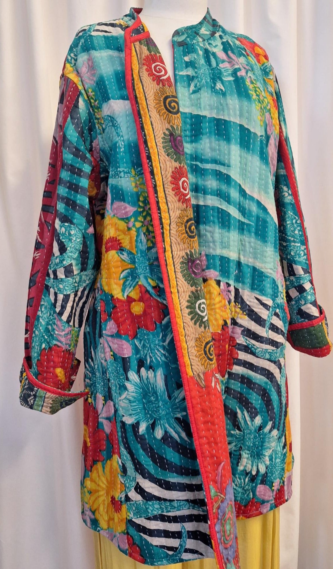 Reversible Vintage Kantha Coat Turquoise and Red Floral - F