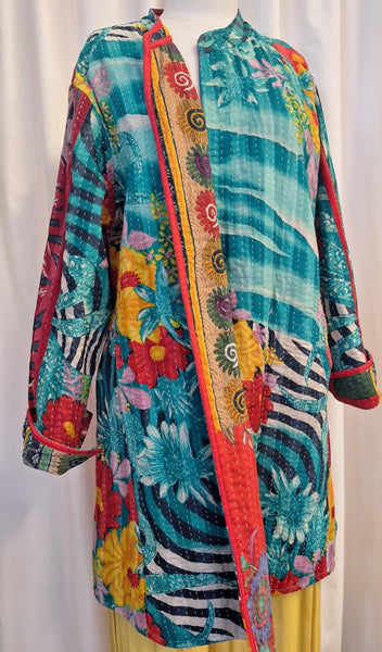 Reversible Vintage Kantha Coat Turquoise and Red Floral - F