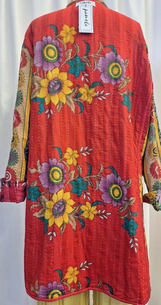 Reversible Vintage Kantha Coat Turquoise and Red Floral - F