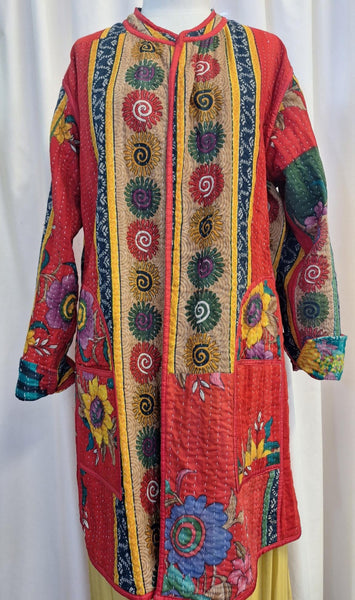 Reversible Vintage Kantha Coat Turquoise and Red Floral - F