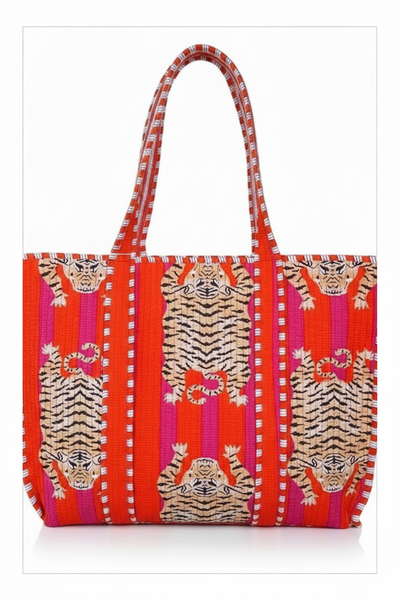 Cotton Quilted Tote Bag Tiger - Orange and Hot Pink
