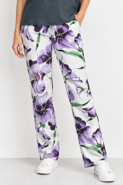 Italian Stretch Pants - White with Purple Flowers