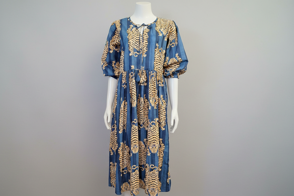 Tiger Print Dress - Navy and Light Denim - Lullaby New Zealand