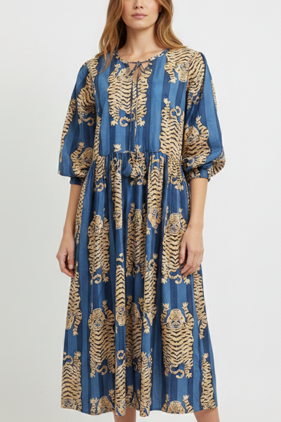 Tiger Print Dress - Navy and Light Denim