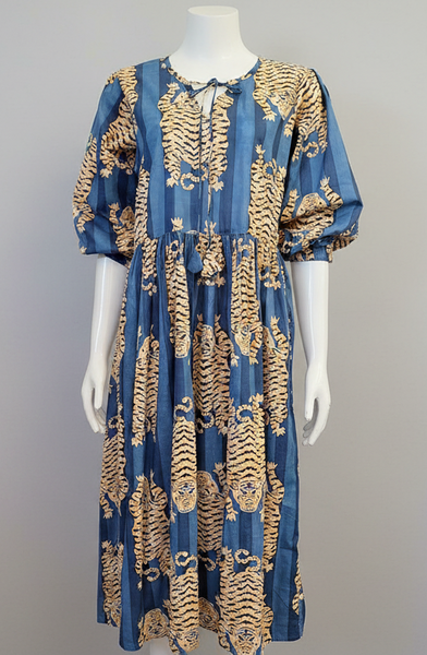 Tiger Print Dress - Navy and Light Denim - Lullaby New Zealand