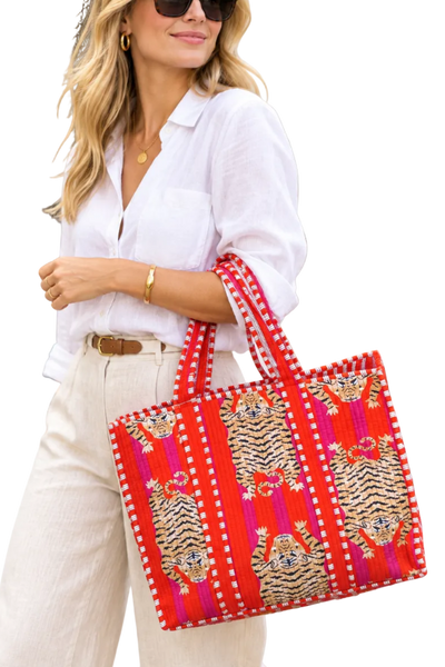 Cotton Quilted Tote Bag Tiger - Orange and Hot Pink