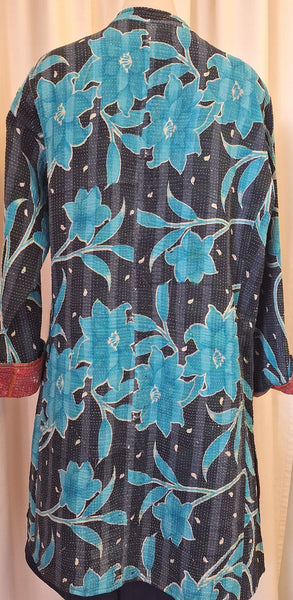 Navy with Turquoise and White Flowers Kantha Reversible Coat - P