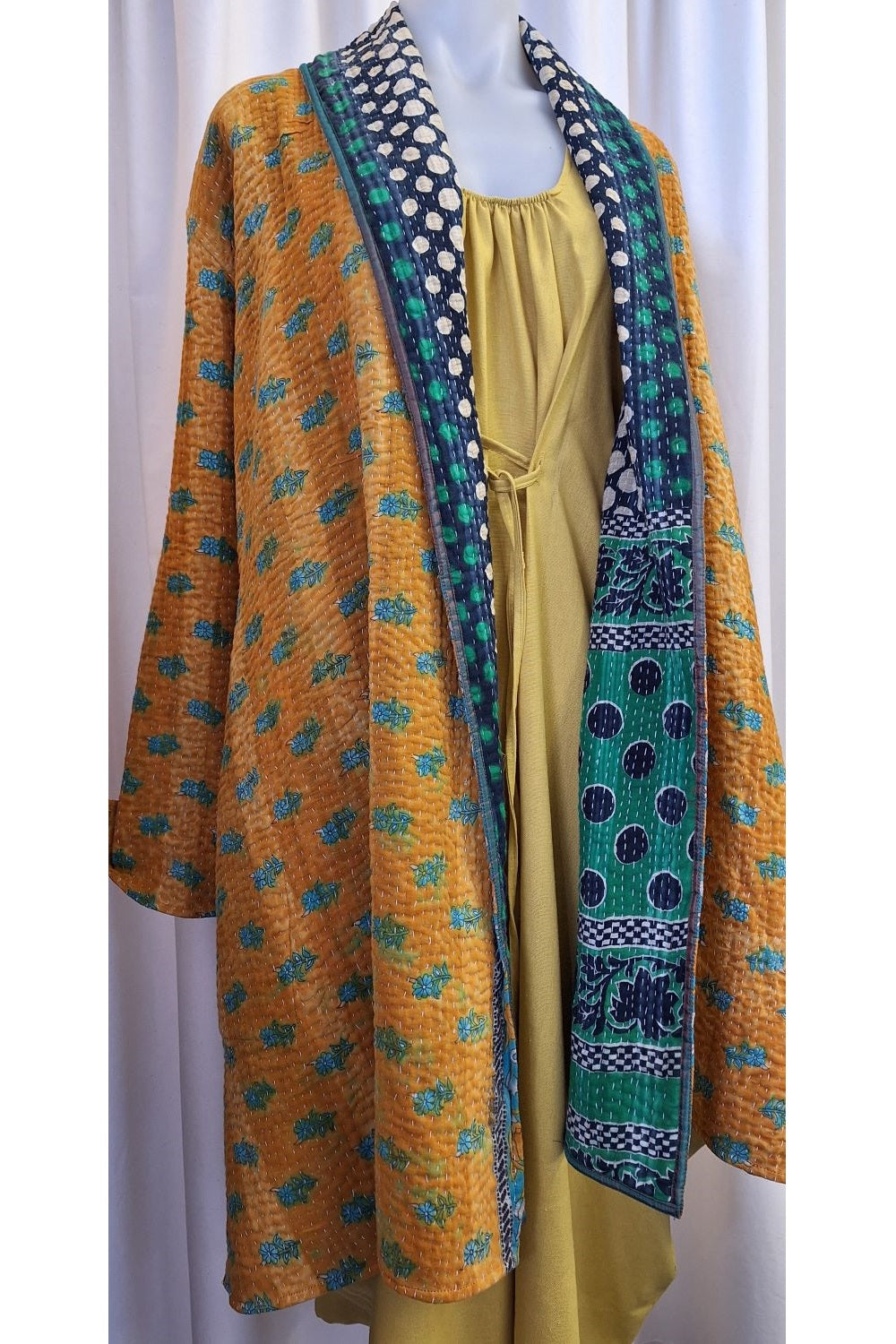 Shawl Collar Kantha Stitched Wrap Around Coat - Q