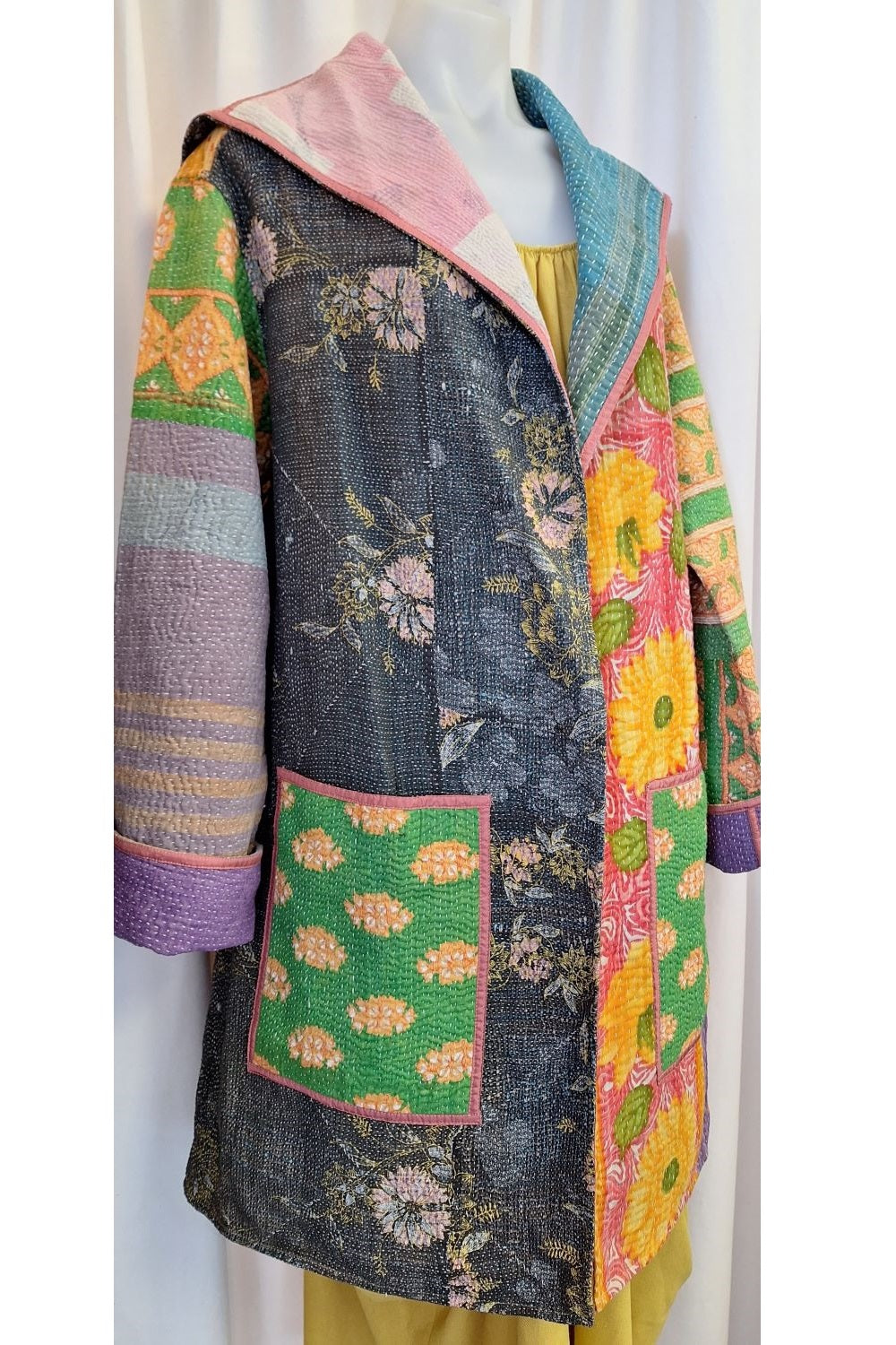 Square Collar with Detailed Kantha Stitch Coat, Reversible - S