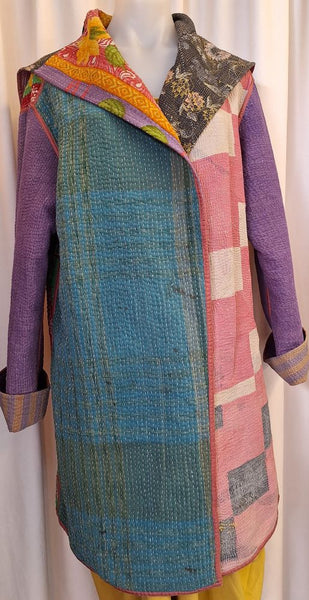 Square Collar with Detailed Kantha Stitch Coat, Reversible - S