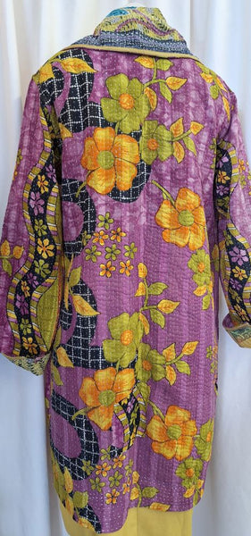 Square Collar Vintage Kantha Stitched Coat - U