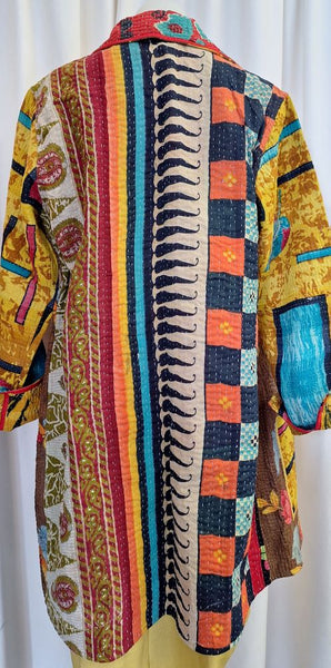 Vintage Cotton Kantha Stitched Coat with Blue and Red Flowers -V