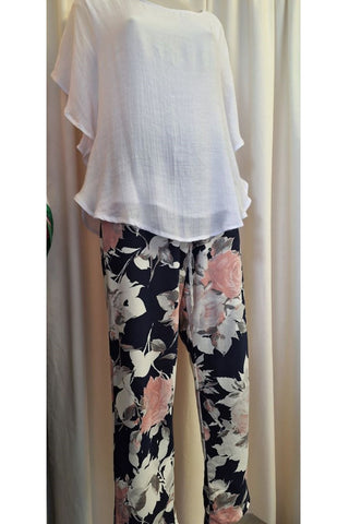 Italian Stretch Pants - Navy with Pink and White Flowers