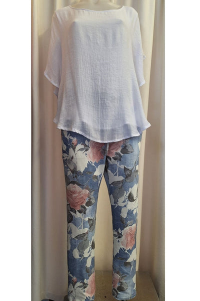Italian Stretch Pants - Lt. Denim with Pink and White Flowers