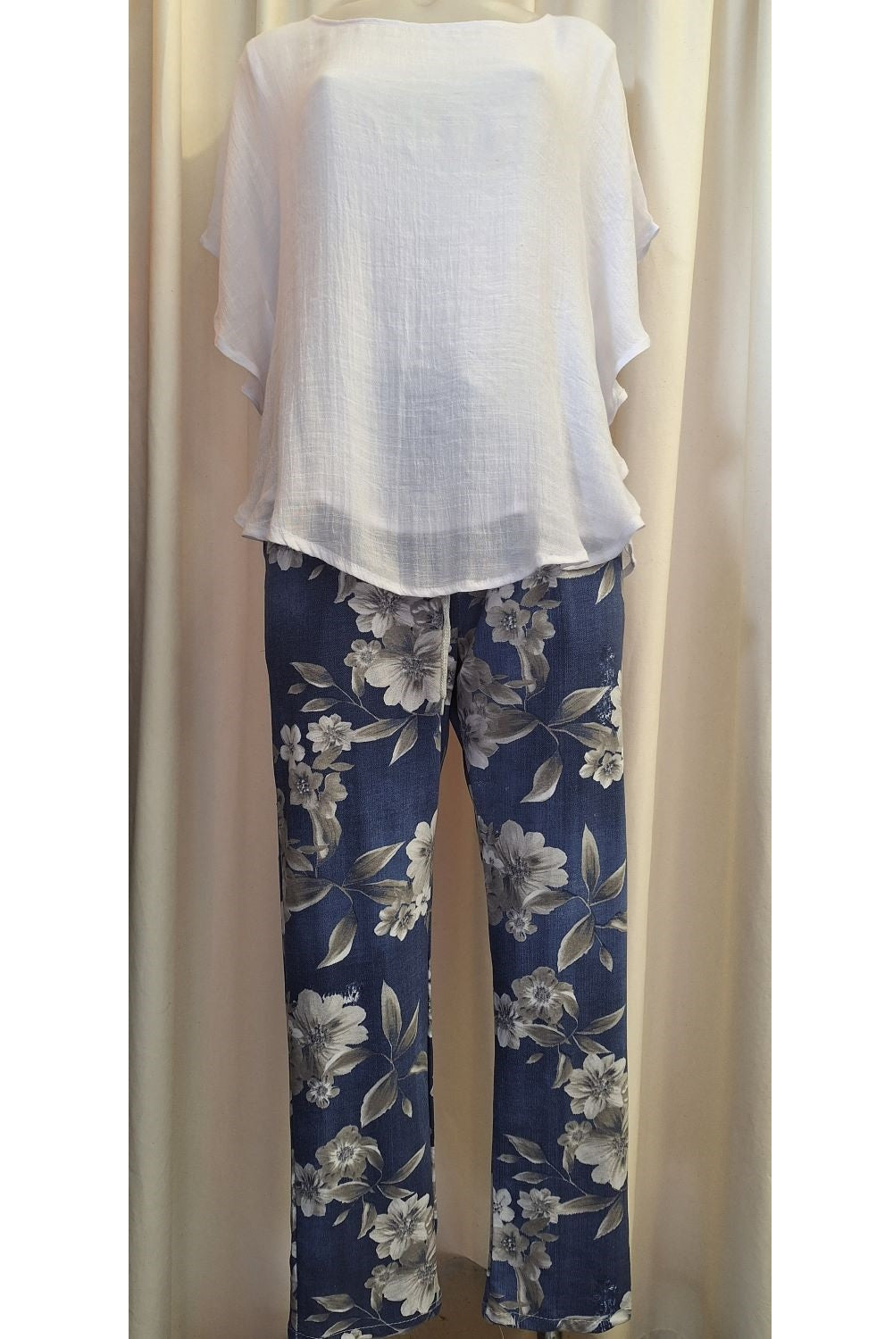 Italian Stretch Pants - Denim, White and Charcoal Flowers