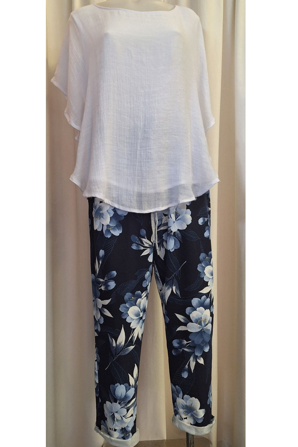 Italian Stretch Pants – Navy, Blue and White Flowers