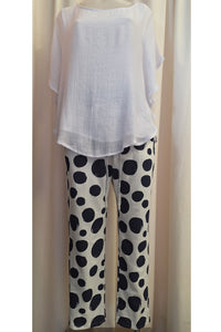 Italian Stretch Pants - Off White with Navy Polka Spots
