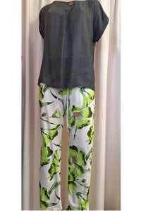 Italian Stretch Pants - White with Green Flowers