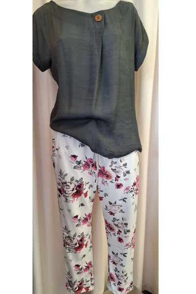 Italian Stretch Pants - White with Pink Roses