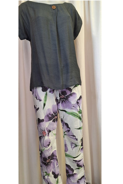 Italian Stretch Pants - White with Purple Flowers