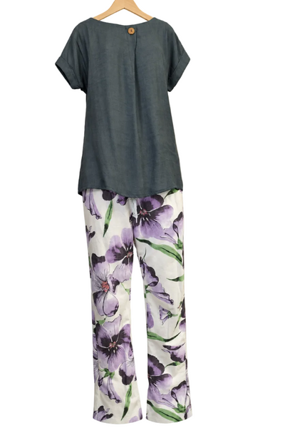 Italian Stretch Pants - White with Purple Flowers