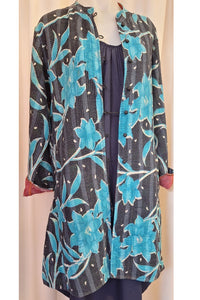Navy with Turquoise and White Flowers Kantha Reversible Coat - P