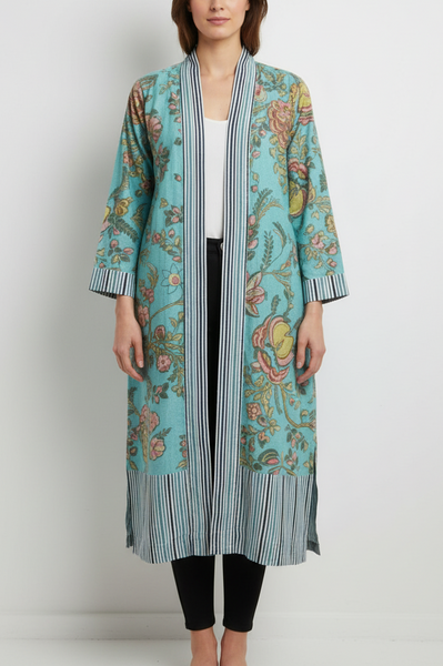 Exotic Flower Cotton Robe - Aqua