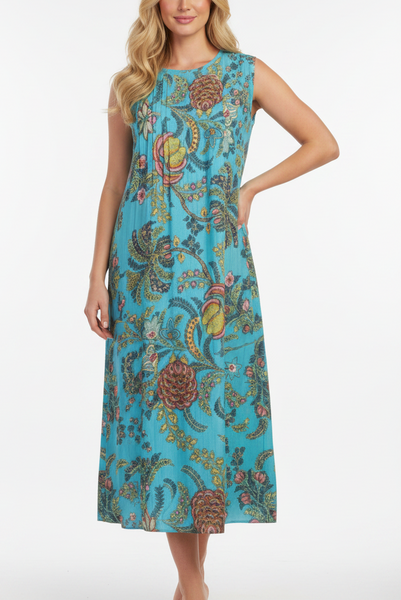 Exotic Flower Cotton Dress Aqua