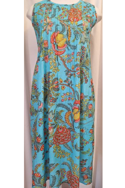Exotic Flower Cotton Dress Aqua