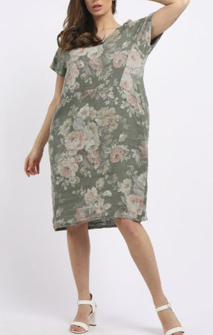 Linen Dress, Ribbed Sides Antique Rose – Khaki