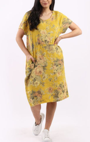 Linen Dress, Ribbed Sides Antique Rose – Mustard